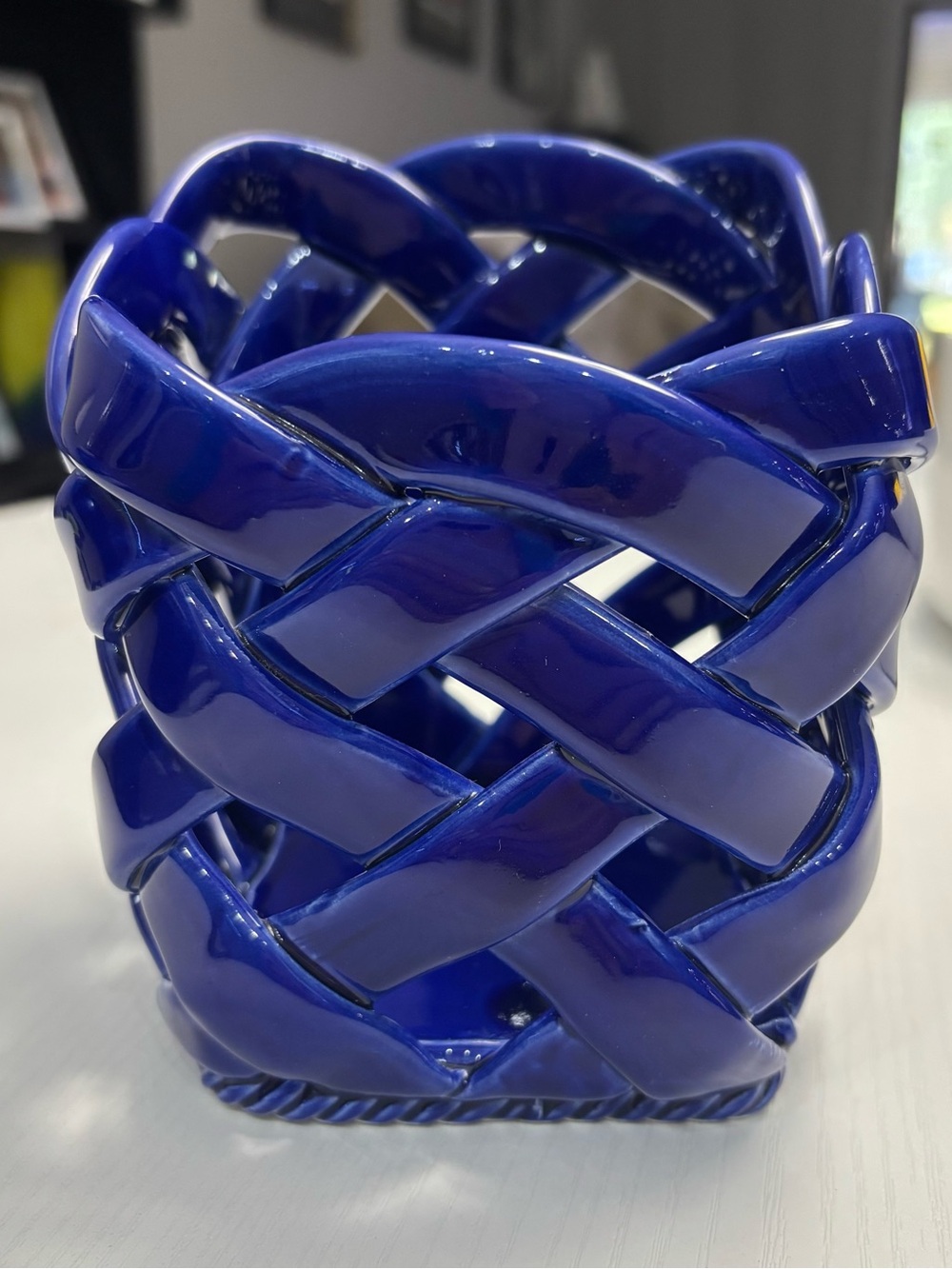 Vintage Primo'Gi Italy Cobalt Blue Ceramic Woven Lattice Basket Holder Asymmetry